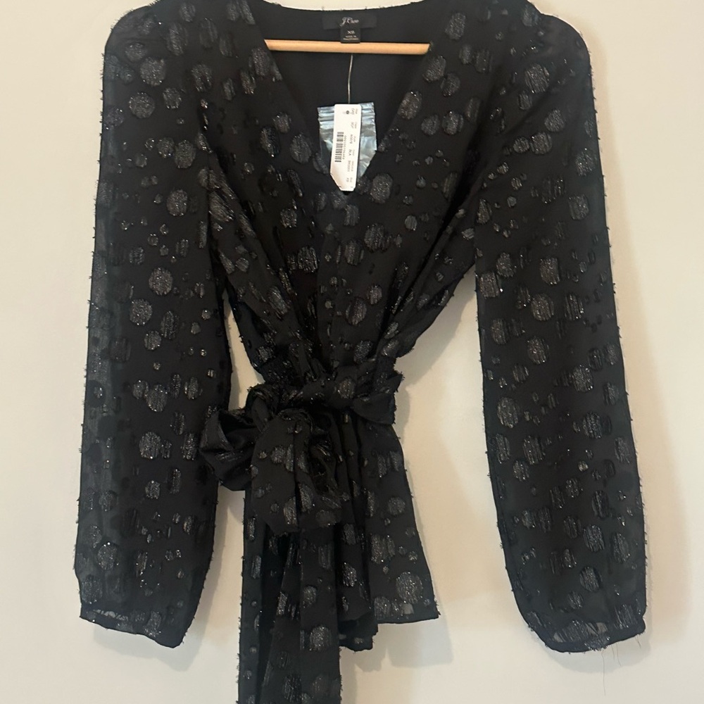 NWT J Crew Black Sheer Polka Dot Blouse with Bow  - XS